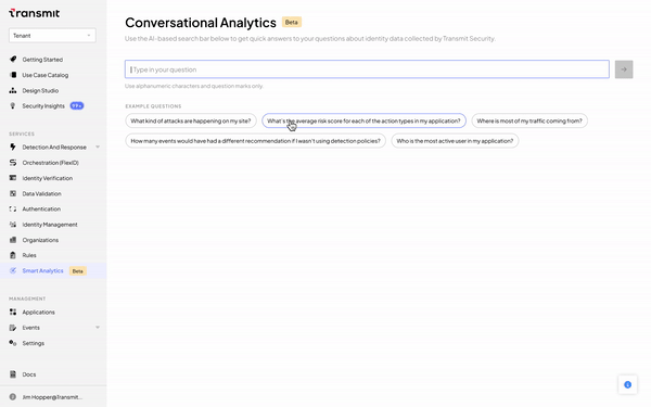 GIF illustrating how Transmit Security's Conversational Analytics feature can be used to create custom queries customer identity and security in natural language